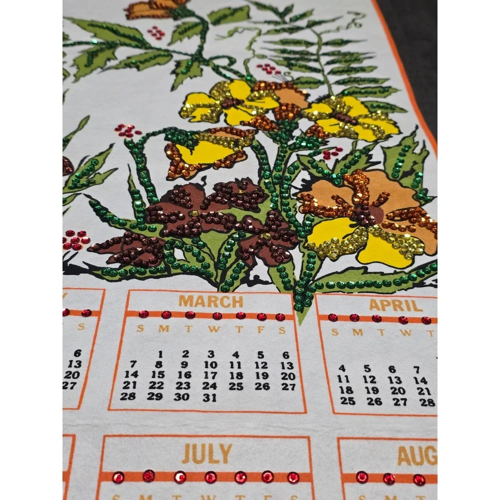 Vintage‎ 1982 Felt Wall Calendar with Sequins, Mushrooms & Floral Design